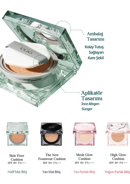 Gün Boyu Kalıcı Mat Cushion Fondöten CLIO Kill Cover Skin Fixer Cushion (21C Lingerie) SPF50+ PA+++