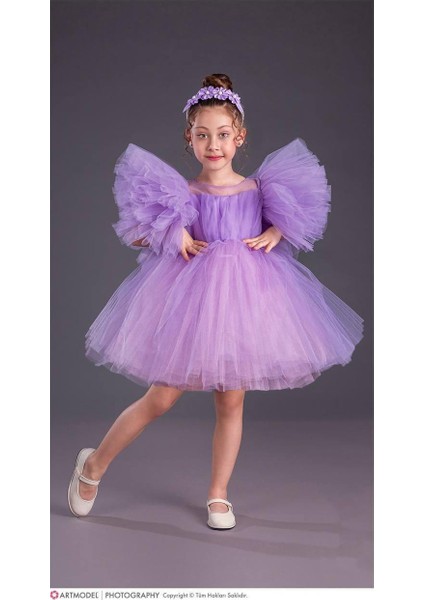 Kız Çocuk Tütü Etekli Kabarık Kollu Komotini Taçlı Abiye Elbise Mor 1662 fiyatları