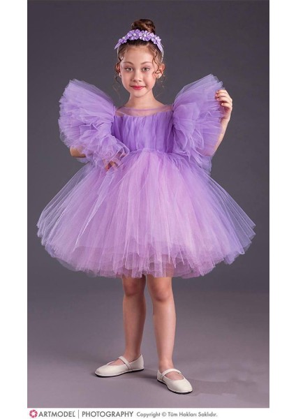 Kız Çocuk Tütü Etekli Kabarık Kollu Komotini Taçlı Abiye Elbise Mor 1662 modelleri