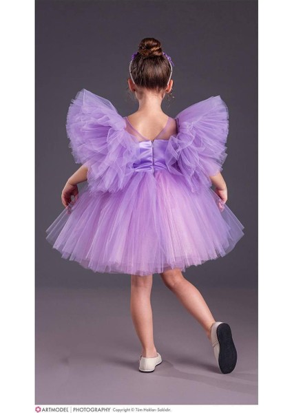 Kız Çocuk Tütü Etekli Kabarık Kollu Komotini Taçlı Abiye Elbise Mor 1662 fırsatları