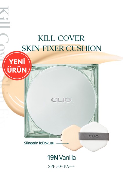 Gün Boyu Kalıcı Mat Cushion Fondöten CLIO Kill Cover Skin Fixer Cushion (19W Vanilla) SPF50+ PA+++