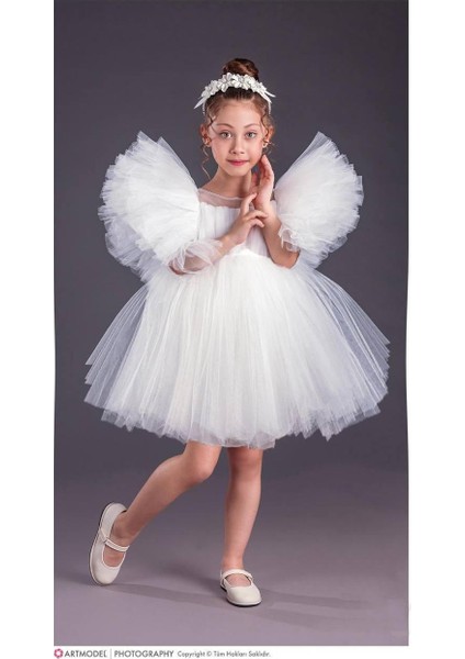 Kız Çocuk Tütü Etekli Kabarık Kollu Komotini Taçlı Abiye Elbise 1662 Beyaz fiyatları