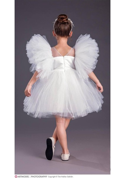 Kız Çocuk Tütü Etekli Kabarık Kollu Komotini Taçlı Abiye Elbise 1662 Beyaz modelleri