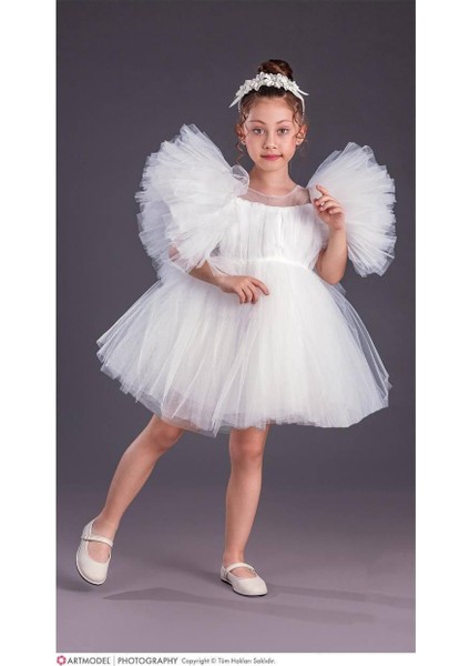 Kız Çocuk Tütü Etekli Kabarık Kollu Komotini Taçlı Abiye Elbise 1662 Beyaz indirimleri