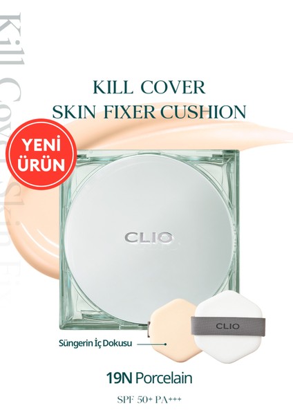 Gün Boyu Kalıcı Mat Cushion Fondöten CLIO Kill Cover Skin Fixer Cushion (19N Porcelain) SPF50+ PA+++