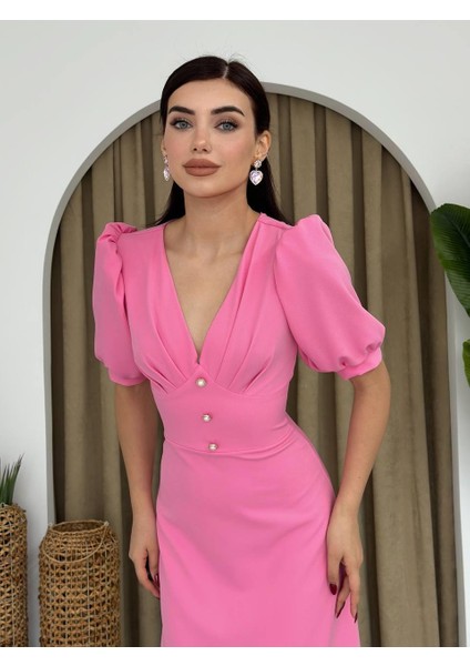 Linda Önü Düğmeli Midi Elbise