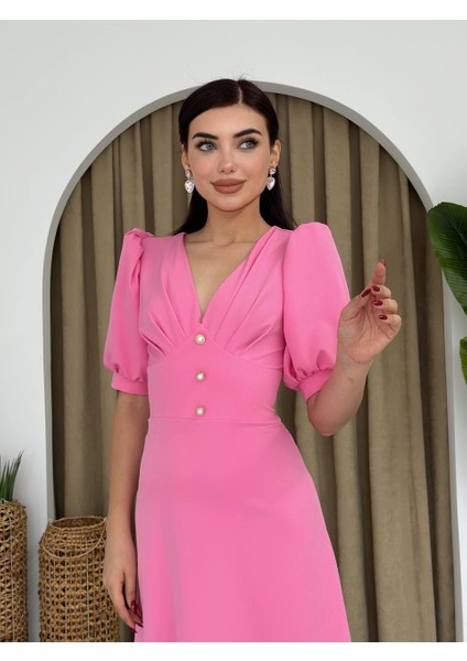 Linda Önü Düğmeli Midi Elbise
