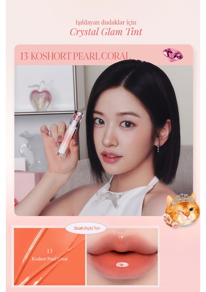 Yapışkanlık Hissi Vermeyen Yoğun Işıltılı Tint CLIO Crystal Glam Tint (13 Koshort Pearl Coral)
