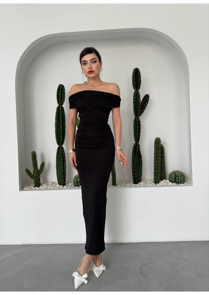 Uzun Sandy Madonna Yaka Elbise