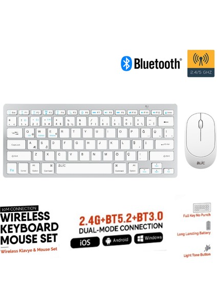 Beyaz Kablosuz Zarif Sessiz Tasarım Dual Mode 2.4g+Bt5.2 Klavye Mouse Set Ios Android Windows Uyumlu