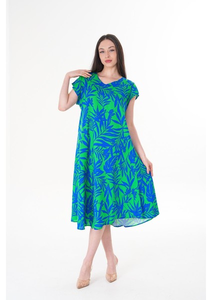 Kadın Yazlık Kısa Kol Etnik Desen Viskon Tiril Elbise | Plaj Elbisesi | Ev Elbisesi | Tatil Elbisesi