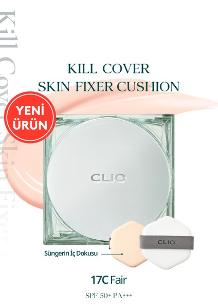 Gün Boyu Kalıcı Mat Cushion Fondöten CLIO Kill Cover Skin Fixer Cushion (17C Fair) SPF50+ PA+++