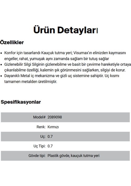 | Visumax Versatil Kalem, 0.7 mm Uç, Kırmızı, Ergonomik Kauçuk Tutuş, Çevir-Aç Silgi