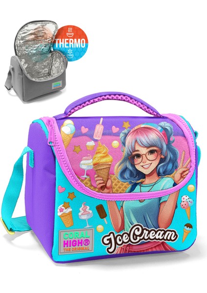 Kids Lila Turkuaz Dondurma ve Anime Desenli Thermo Beslenme Çantası 11789