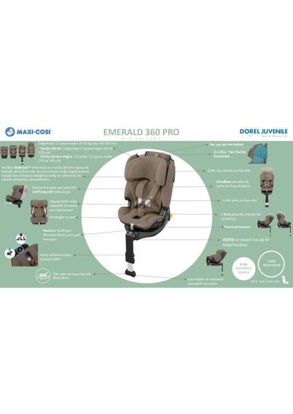 Emerald 360 Pro I-Size Dünyanın Ilk Kızaklı, Araç Dışına Çıkabilen Isofix'li 360 Dönebilir Yatabilir 0-36 kg Bebek Oto Koltuğu Authentic Truffle