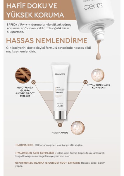 Kapatıcı Renkli Güneş Kremi Cre'ars Profactor Latte Sunscreen SPF50+/PA++++ (Natural Beige)