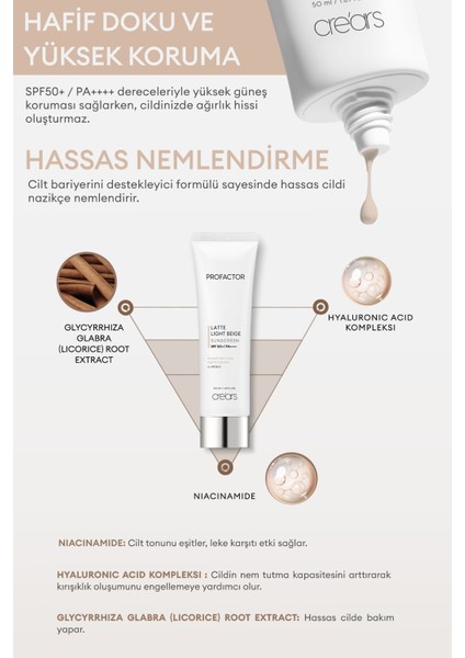 Kapatıcı Renkli Güneş Kremi Cre'ars Profactor Latte Sunscreen SPF50+/PA++++ (Light Beige)