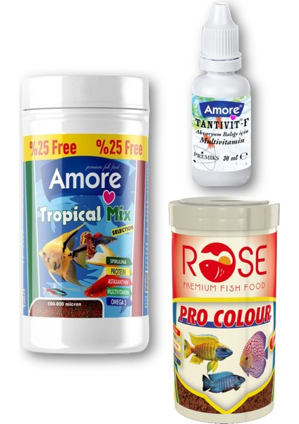 Lepistes-Melek-Plati-Moli Tropical Mix 125ml, Rose Pro Colour 100ml Balık Yemi, Multivitamin