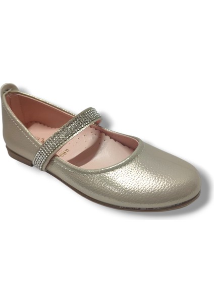 Parlak Baskı Deri Taşlı Lastik Bantlı Kız Çocuk Babet 21-25