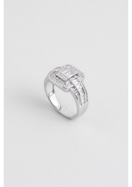 Baget Işıltısı 18 Ayar Beyaz Altın Kaplama Gümüş Yüzük