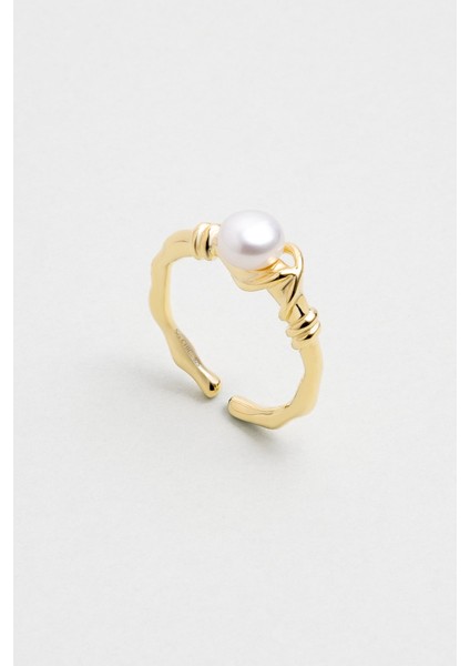 Doğal Inci Taşlı 18 Ayar Sarı Altın Kaplama Ayarlanabilir Gümüş Yüzük