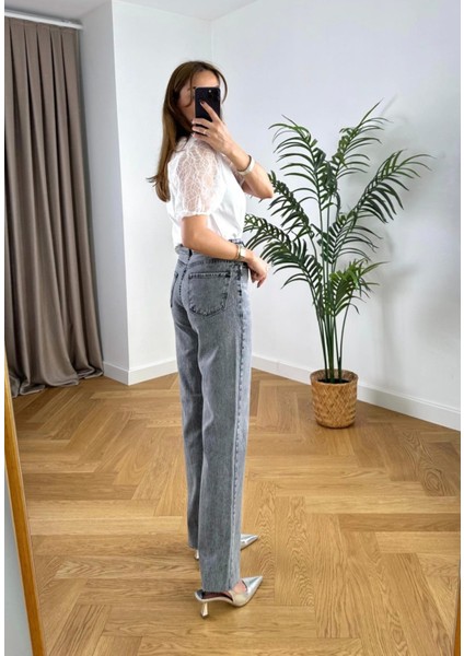 Premium Yüksek Bel Toparlayıcı Paçası Kesik Likralı Straight Jean