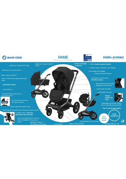 Fame Portbebeli LED Işıklı Entegre Telefon Şarj Üniteli Premium Bebek Arabası Twillic Truffle modelleri