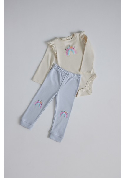 Kız Bebek 2'li Takım Unicorn Baskılı Uzun Kollu Çıtçıtlı Body Beli Lastikli Alt D8702A525SP