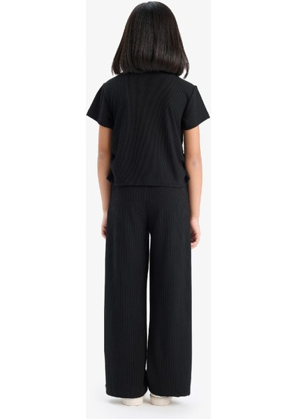 Kız Çocuk 2'li Takım Fitilli Kaşkorse Baskılı Kısa kollu Tişört Wide Leg Geniş Bol Paça Pantolon E0415A825SM