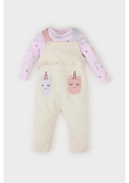 Kız Bebek 2'li Takım Unicorn Baskılı Sweatshirt Salopet Tulum E0487A525SP