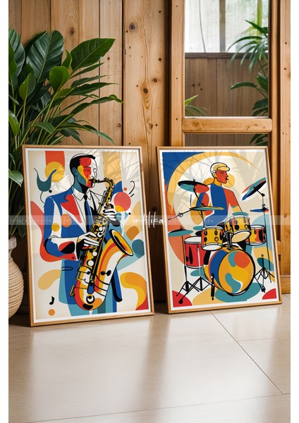 Caz Temalı Renkli Ahşap Çerçeveli 2'li Tablo Seti - 21X30