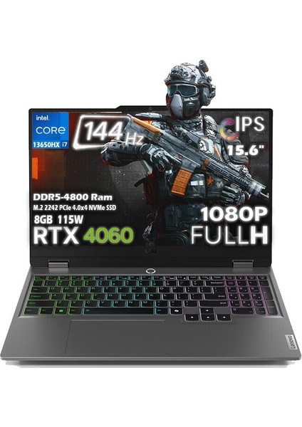 Loq 15IRX9 Intel Core I7 13650HX 16GB 2tb SSD Rtx 4060 8gb (115W) 15.6" Fhd 144Hz IPS Panel Freedos Taşınabilir Bilgisayar 83DV00WTTRBS8