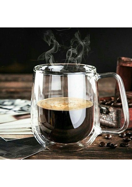 - 4 Adet Çift Cidarlı Kulplu Cam Çay Kahve Süt Kupa Borosilikat Bardak