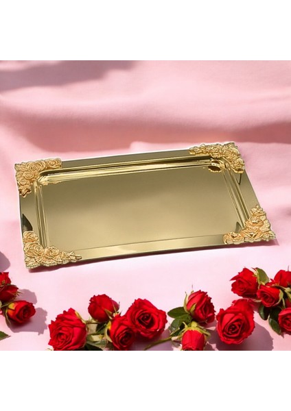 Büyük Gold & Gümüş Tepsi Kelebek Detaylı Gold & Gümüş Rengi Paslanmaz Çelik Sunum Tepsisi