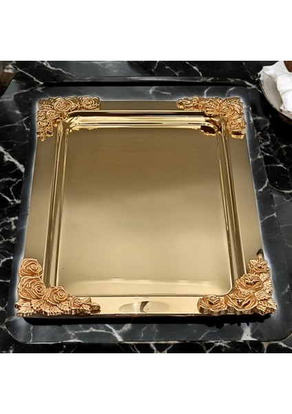 Büyük Gold & Gümüş Tepsi Kelebek Detaylı Gold & Gümüş Rengi Paslanmaz Çelik Sunum Tepsisi fiyatları