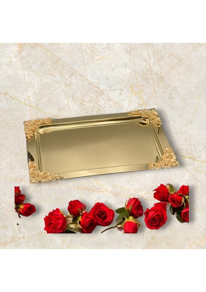 Büyük Gold & Gümüş Tepsi Kelebek Detaylı Gold & Gümüş Rengi Paslanmaz Çelik Sunum Tepsisi fırsatları