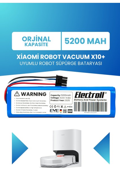 Xiaomi Robot Vacuum X10+ Uyumlu Batarya (Orjinal Kapasite) 5200MAH Pil Robot Süpürge Bataryası