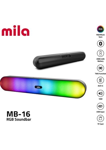Soundbar MB-16 Serisi, RGB Işıklı Bluetooth Hoparlör