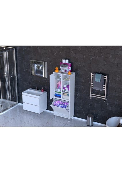 İNCİ 55x160 cm Kirli Çamaşır Sepetli Banyo Dolabı