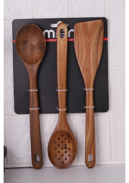 Atby Akasya Ahşap 3'lü Mutfak Kaşık Seti Delikli Kaşık Karıştırma Kaşığı ve Spatula