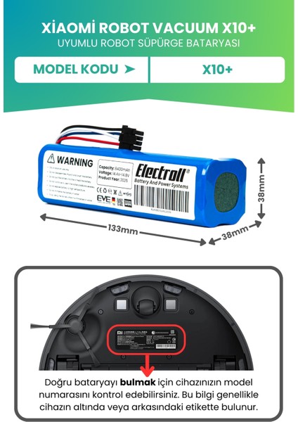Xiaomi Robot Vacuum X10+ Uyumlu Batarya (Ultra Yüksek Kapasite) 6400MAH Pil Robot Süpürge Bataryası