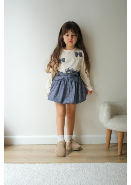 Kız Çocuk Kelebek Figürlü Pamuklu Kumaş Beli Lastikli Kurdeleli Mavi Sim Geçişli Etek Bluz Ikili Takım fırsatları