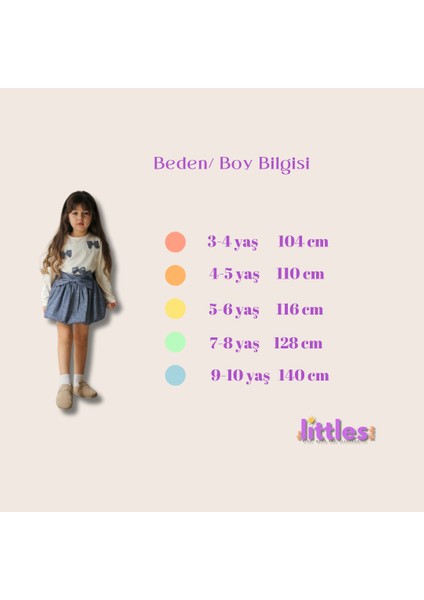 Kız Çocuk Kelebek Figürlü Pamuklu Kumaş Beli Lastikli Kurdeleli Mavi Sim Geçişli Etek Bluz Ikili Takım