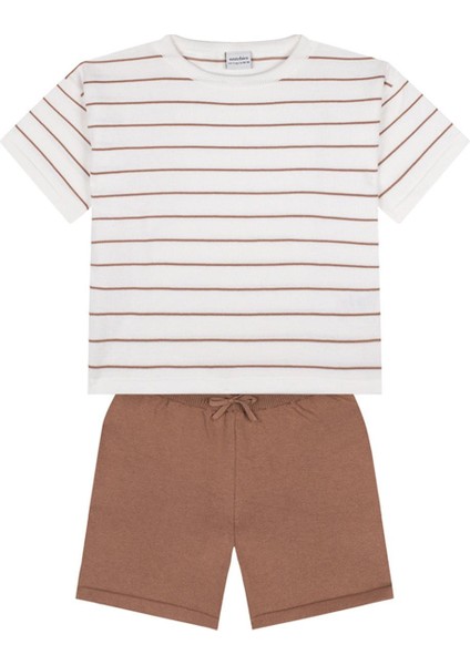 Bej Çizgili Triko Şortlu Set