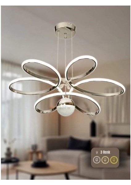 Papatya Gümüş 3 Renk Ledli Lüx Sarkıt Modern Led Avize