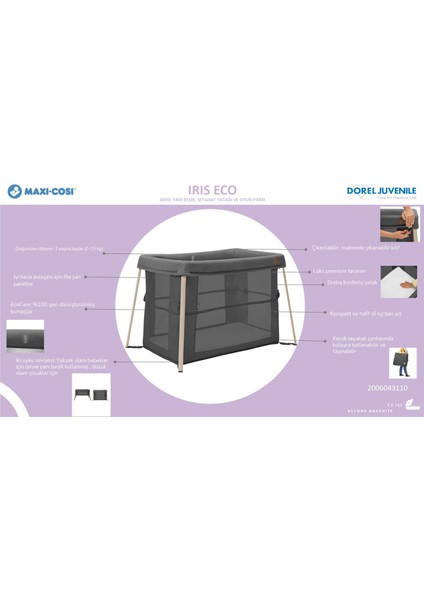 Iris 2 'si Bir Arada Anne Yanı Beşik ve Taşınabilir Çift Katlı Park Yatak Beyond Graphite Eco modelleri