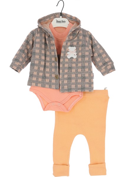 Kız Bebek Takım Üç Parça Hırka Düğmeli Ayıcık Fiyonklu