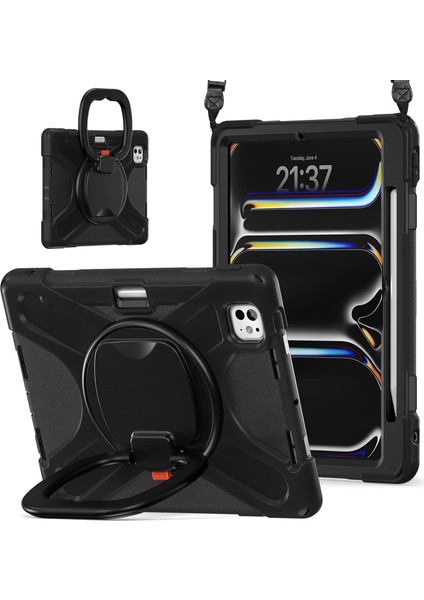 Apple iPad Pro 11 Inc 3. Nesil (2021) Yüzük Halka Standlı Zırhlı Armor Defender Kalemlikli Kılıf A2377 A2459 A2301