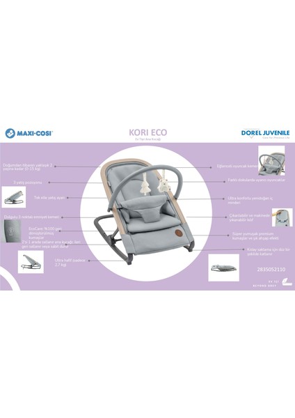 Kori Ev Tipi Sallanan Yükseklik Ayarlı Ana Kucağı Beyond Grey Eco modelleri