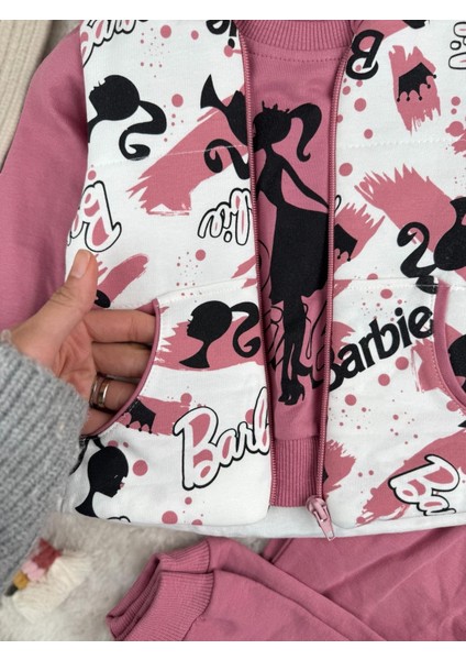 Barbie Baskılı Şişme Yelekli 3'lü Kız Bebek Eşofman Takım Set